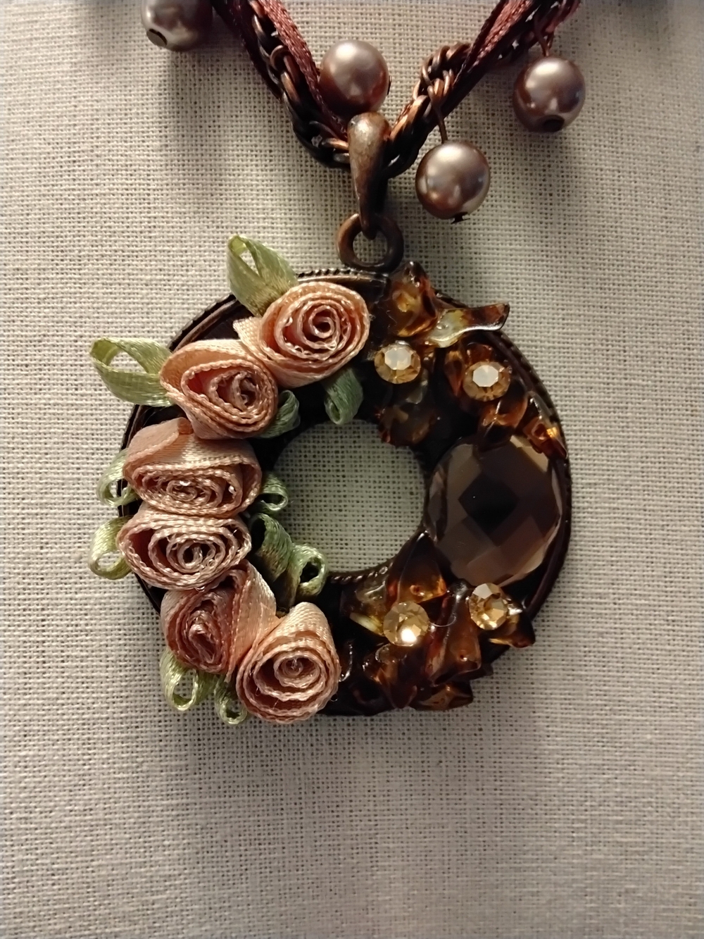 Custom  Made Rose Wreath Pendant Necklace - Brown and Pink - Picture 5 of 5